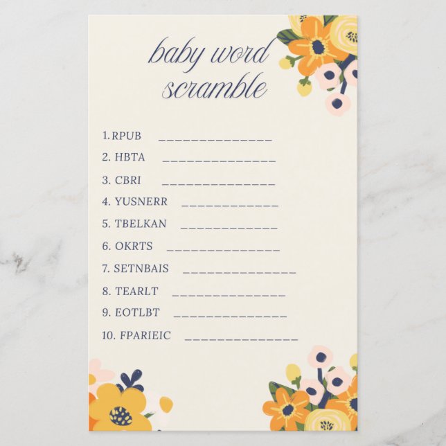 Papier Baby in Bloom Baby shower Word Scramble Jeu (Devant)
