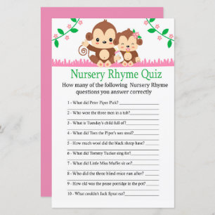 Papier Baby Monkey Nursery Rhyme Quiz jeu de baby shower