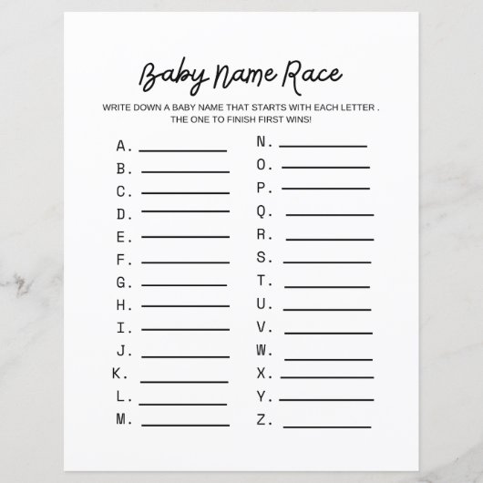 Papier Baby Name Race Baby shower Jeu (Devant)