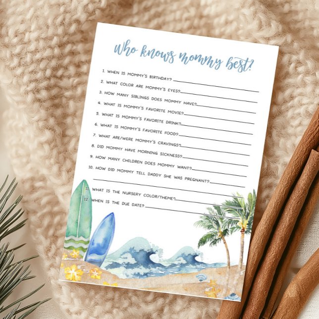 Papier Baby on Board Beach Baby Qui connaît maman meilleu (Surfing Summer Boy Baby Shower Who knows Mommy Best Game)