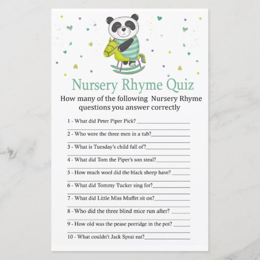 Papier Baby Panda Nursery Rhyme Quiz jeu de baby shower (Devant)
