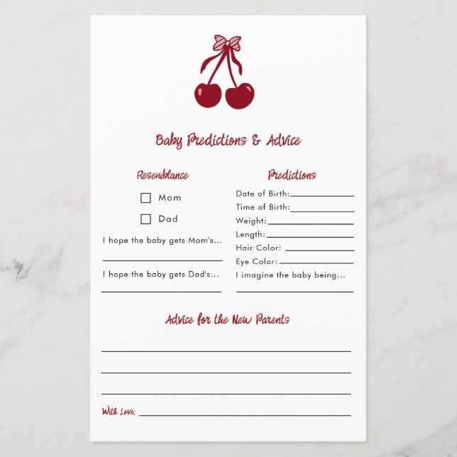 Papier Baby Predictions Advice Cherry Bow Baby Shower (Devant)