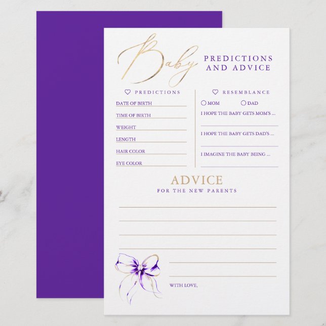 Papier Baby Predictions and Advice Baby Shower Game (Devant / Derrière)