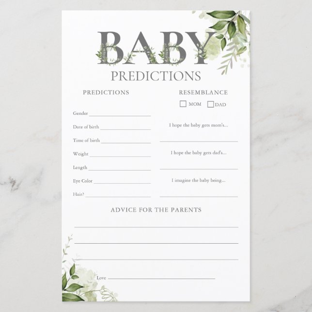 Papier Baby Predictions Baby shower de verdure Jeu (Devant)