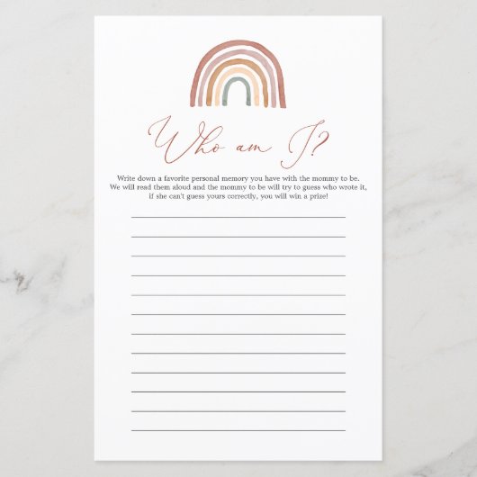 Papier Baby shower arc-en-ciel Qui suis-je partie (Devant)