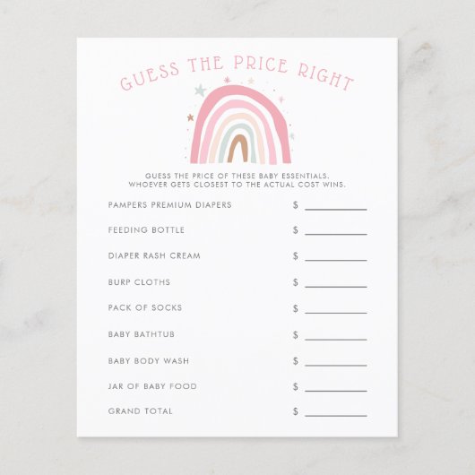 Papier Baby shower Arc-En-Ciel Rose Devinez Le Prix Juste (Devant)