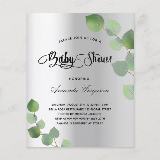 Papier Baby shower argent eucalyptus invitation budgétair (Devant)