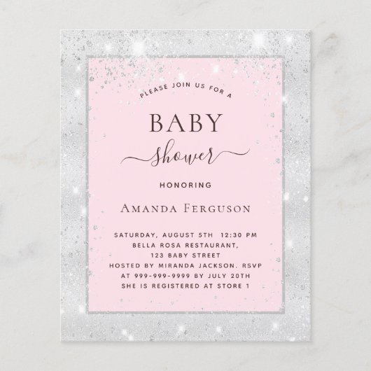 Papier Baby shower argent rousse rose fille invitation (Devant)