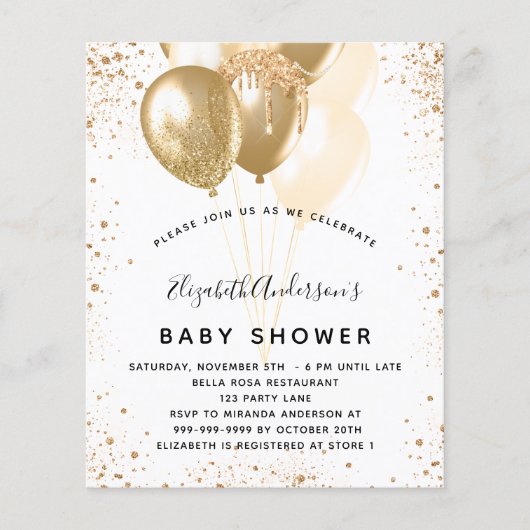 Papier Baby shower Ballons d'or blanc  invitation budgéta (Devant)