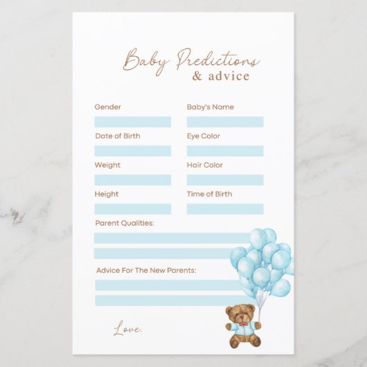 Papier Baby shower Bébé Bleu Ours Prédictions et conseils (Devant)