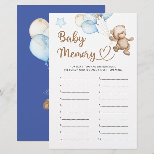 Papier Baby shower bébé Mémoire Teddy Ours (Devant / Derrière)