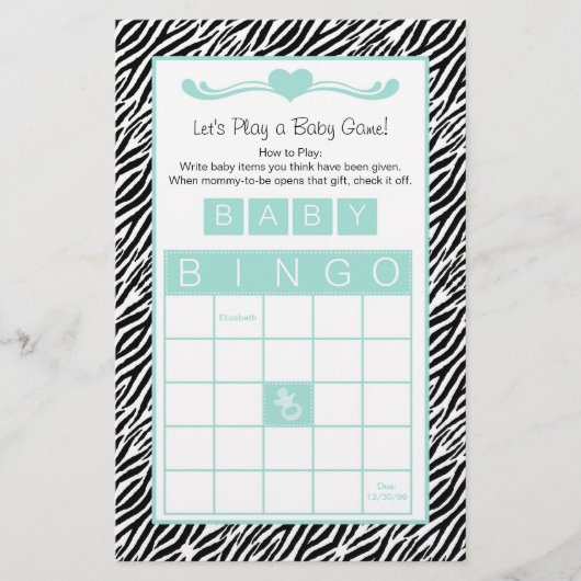 Papier Baby shower Bingo Jeu Chic Aqua Mint Zebra (Devant)
