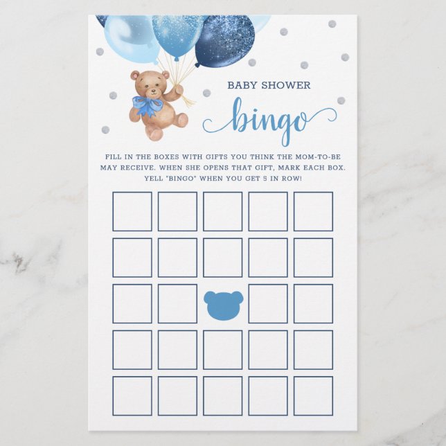 Papier Baby shower Bingo Jeu Teddy Bear (Devant)