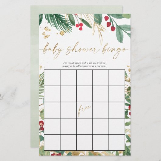 Papier Baby shower bingo Noël vacances verdure or (Devant / Derrière)