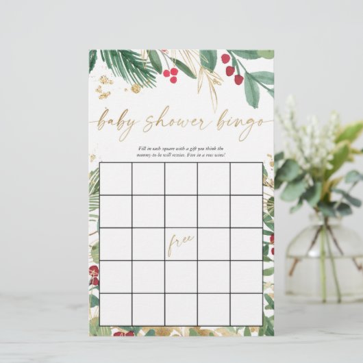 Papier Baby shower bingo Noël vacances verdure or (Debout devant)