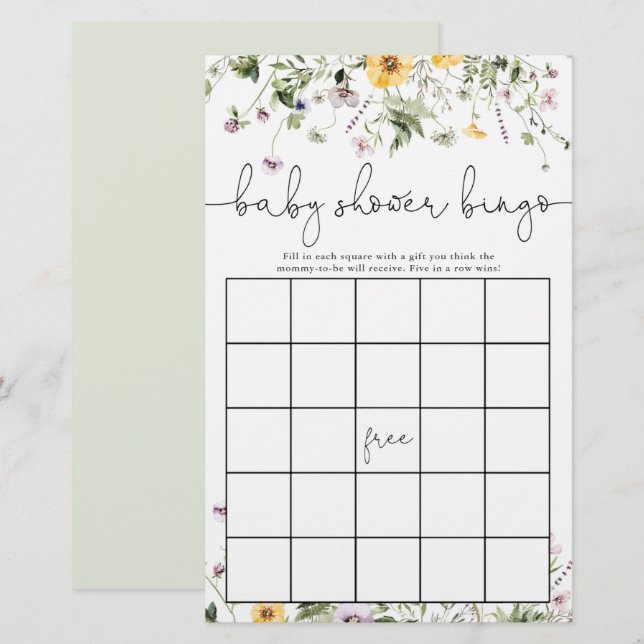 Papier Baby shower bingo romantique fleur sauvage floral (Devant / Derrière)