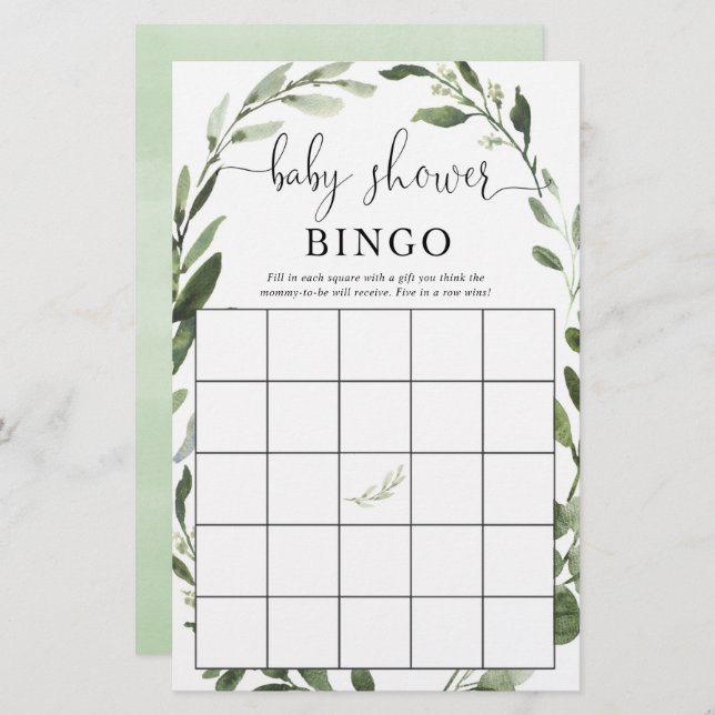 Papier Baby shower bingo verdure eucalyptus couronne (Devant / Derrière)