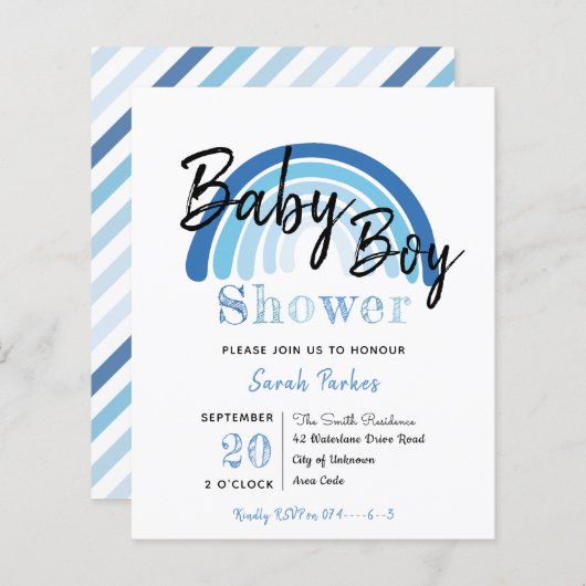 Papier Baby shower Blue Rainbow Boy Budget Invitation (Devant / Derrière)