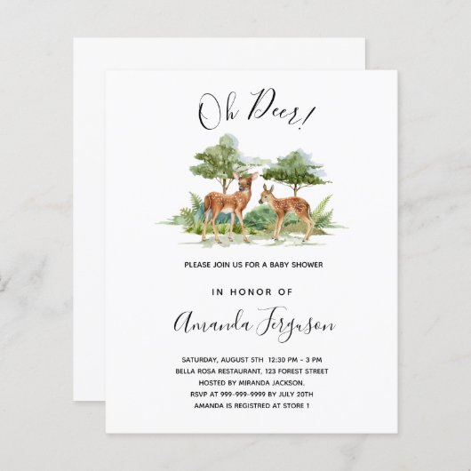 Papier Baby shower bois forêt forêt animal cerf invitatio (Devant / Derrière)
