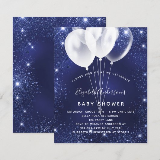 Papier Baby shower budget bleu marine invitation ballon b (Devant / Derrière)