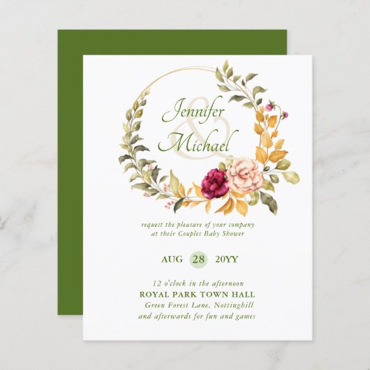 Papier BABY SHOWER BUDGET Bourgogne Floral Wreath Invitat (Devant / Derrière)