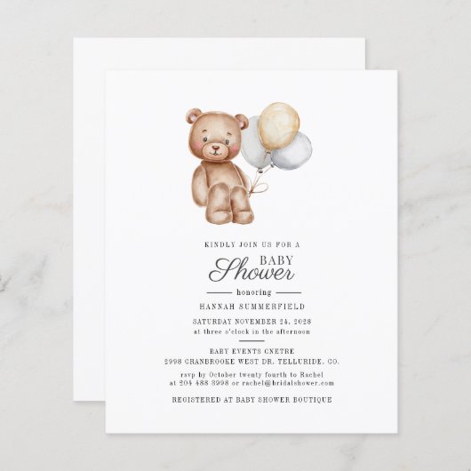 Papier Baby shower Budget Script Ballons d'ours Invitatio (Devant / Derrière)