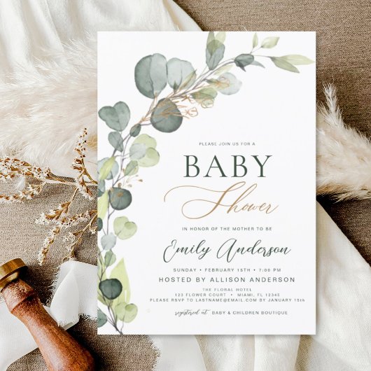Papier Baby shower Budget Vert Eucalyptus Invitations