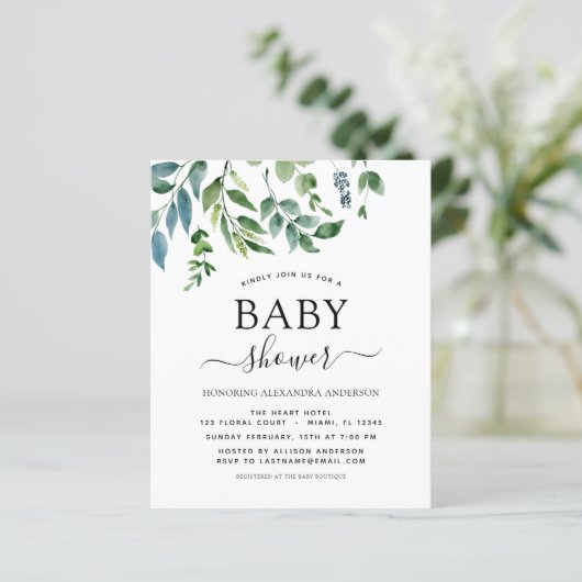 Papier Baby shower Budget vert Invitation botanique (Debout devant)
