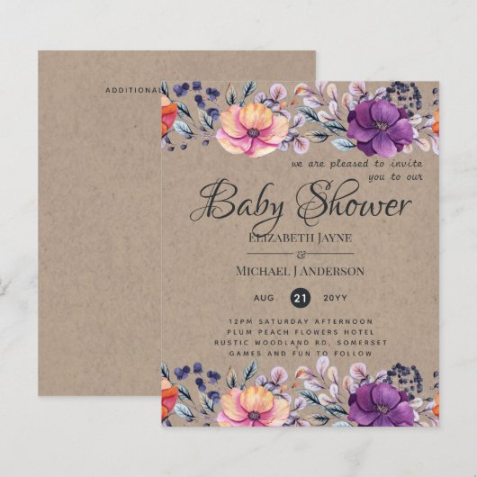 Papier BABY SHOWER BUDGÉTAIRE Invitation Floral violet or (Devant / Derrière)