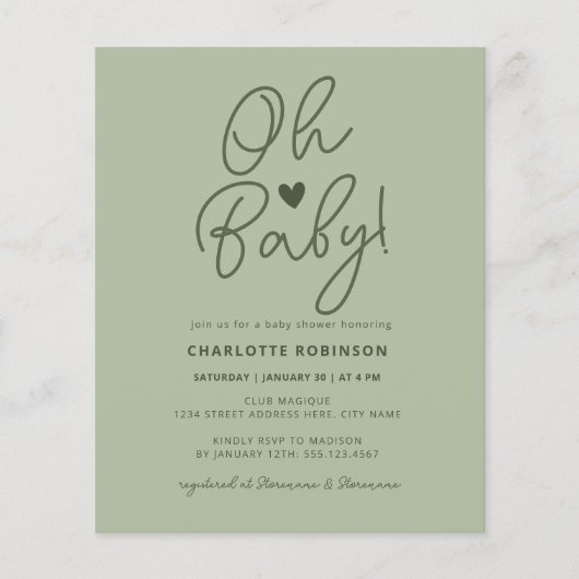 Papier Baby shower budgétaire Script moderne Sage vert In (Devant)