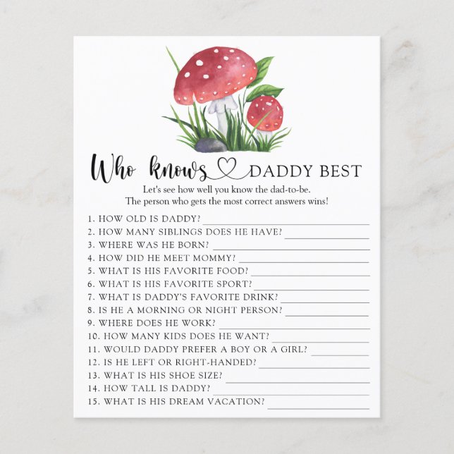 Papier Baby shower champignons Qui connaît le mieux papa  (Devant)