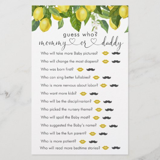 Papier Baby shower citron "Devinez qui" Jeu (Devant)