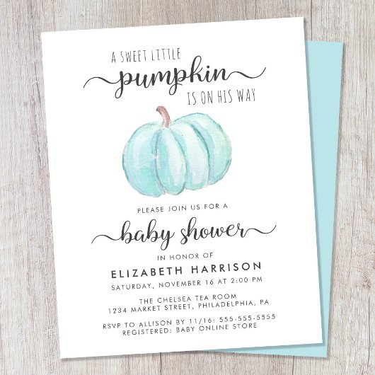 Papier Baby shower Citrouille bleu Aquarelle Invitation