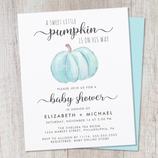 Papier Baby shower Citrouille bleu Aquarelle Invitation