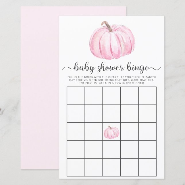 Papier Baby shower citrouille de Bingo en Aquarelle Rose (Devant / Derrière)