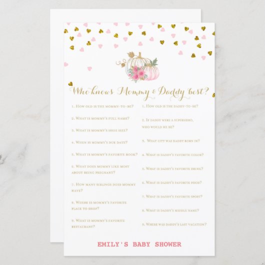 Papier baby shower Citrouille rose et or (Devant / Derrière)