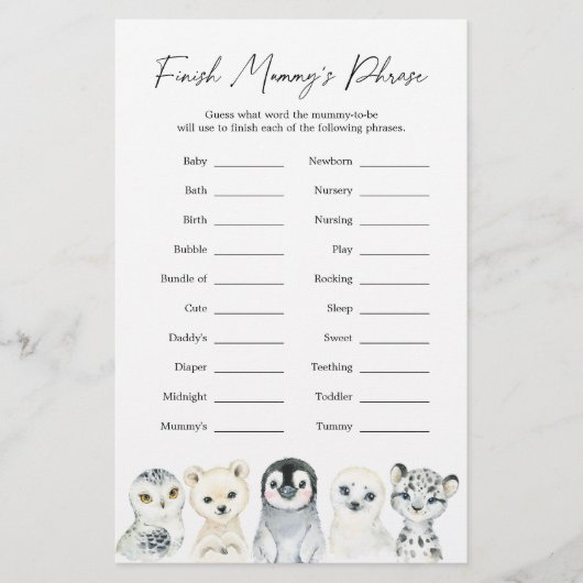 Papier Baby shower d'animaux arctiques terminer la phrase (Devant)