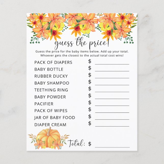 Papier Baby Shower d'Automne | Jeu de devinette du prix d (Devant)