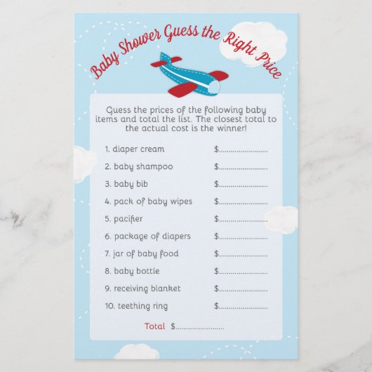 Papier Baby shower d'avion devinez juste prix (Devant)