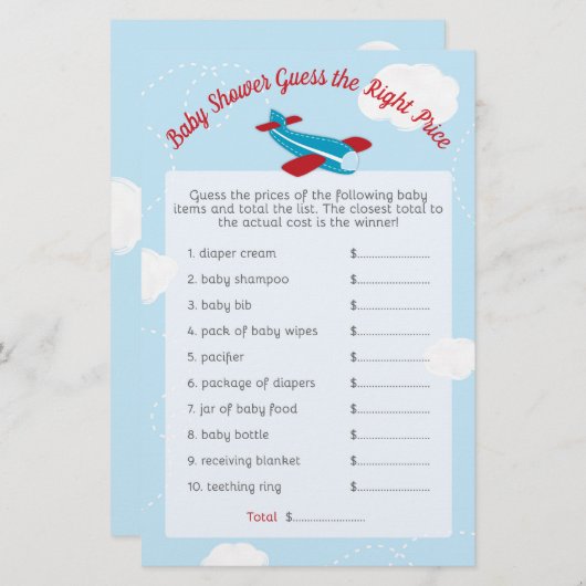 Papier Baby shower d'avion devinez juste prix (Devant / Derrière)