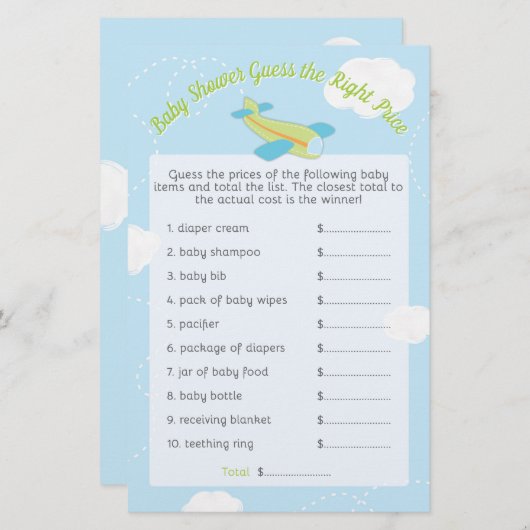 Papier Baby shower d'avion Retro Devis au juste prix jeu (Devant / Derrière)