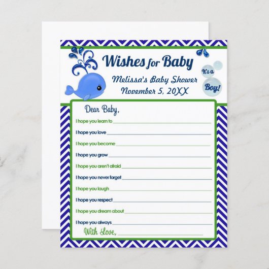 Papier Baby shower de baleine bleue Voeux pour conseil bé (Devant / Derrière)