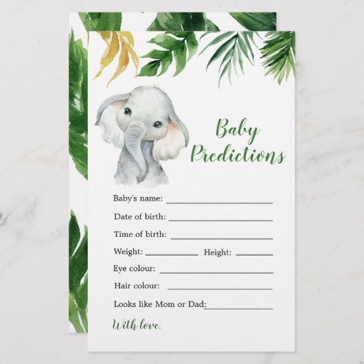 Papier Baby shower de bébé éléphant tropical prédiction d (Devant / Derrière)