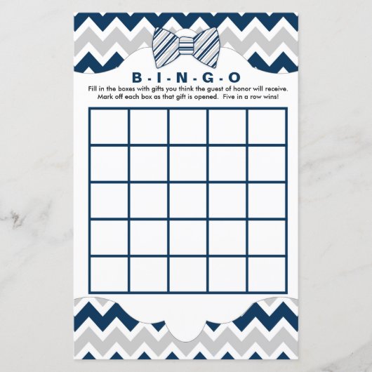 Papier Baby shower de bingo jeux, cravate arc gris marine (Devant)
