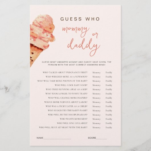 Papier Baby shower de crème glacée Devinez Qui jeu (Devant)