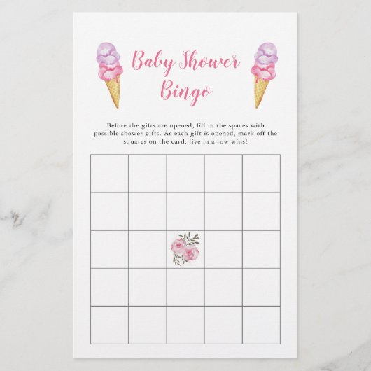 Papier Baby shower de crème glacée rose Jeu de Bingo (Devant)