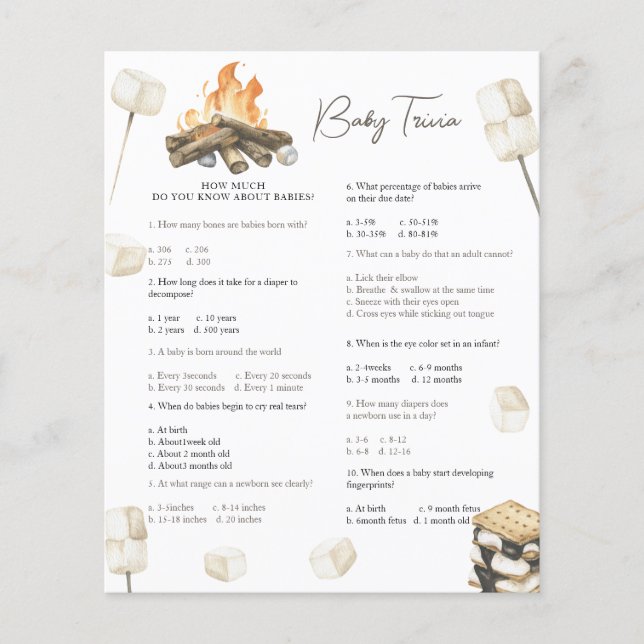 Papier baby shower de feu de camp - Baby Trivia Jeu (Devant)