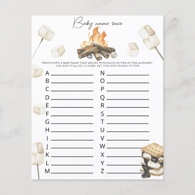 Papier Baby shower de feu de camp - jeu de course de nom  (Devant)