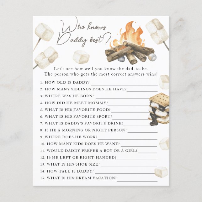 Papier Baby shower de feu de camp - Jeu Qui connaît mieux (Devant)