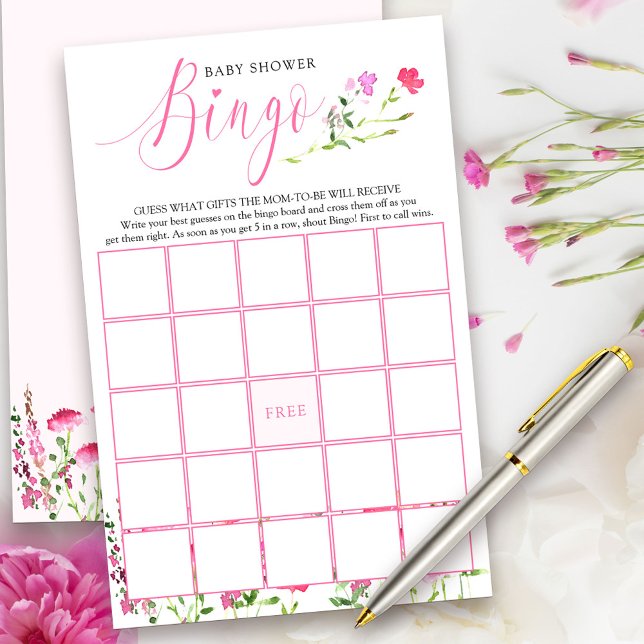 Papier Baby shower de Fleur sauvage rose (Bingo Game Cards from my Pink Wildflower Collection. Message me to create co-ordinating items.)